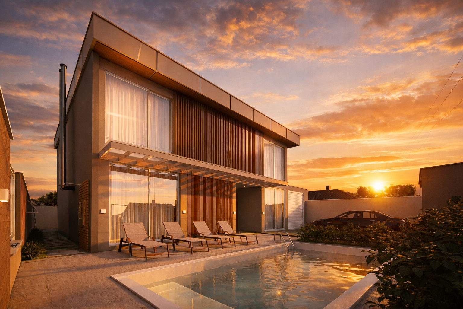Casa de praia de dois pavimentos em Balneário Rincão com grandes janelas de vidro, ripado de madeira e piscina ao pôr do sol