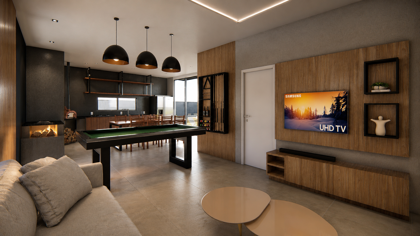 Espaço gourmet integrado em Içara com mesa de bilhar, lareira, cozinha e grandes portas de vidro